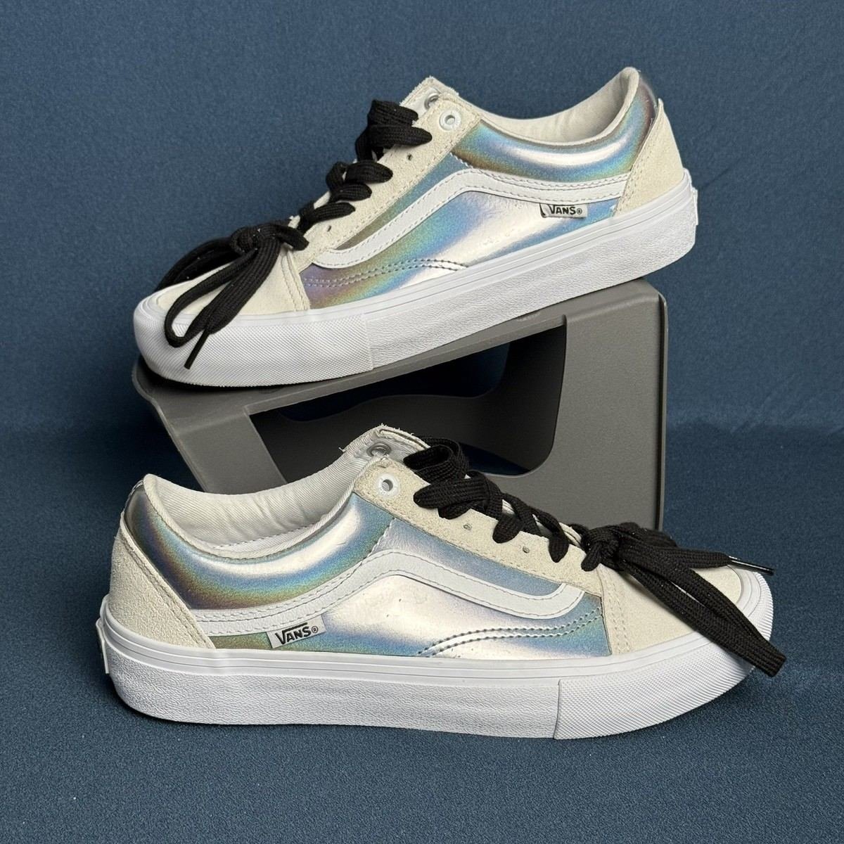 Vans Old Skool Pro Mens 6 Womens 8 Iridescent Silver White Skate Shoes Sneakers