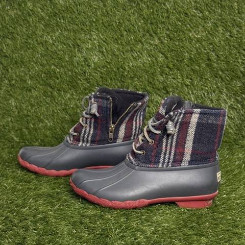 Sperry Saltwater Duck Boots Womens Size 6 Blue Red Wool Plaid Waterproof Rain photo 2