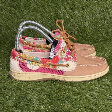 Sperry Top-Sider Womens Size 7.5 M Tan Pink Floral Mesh Leather Boat Shoes