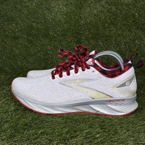 Brooks Levitate 6 Run Merry Womens Size 10.5 White Red Plaid Christmas Running photo 4