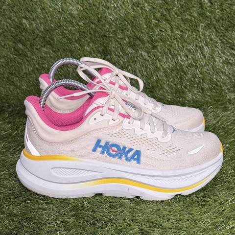 Hoka Bondi 9 Womens Size 8 D Wide Alabaster Pink Yellow Running Shoes
